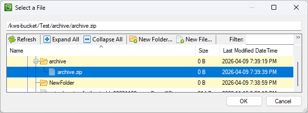 File browser showing the destination archive.zip file selected within an Amazon S3 bucket.